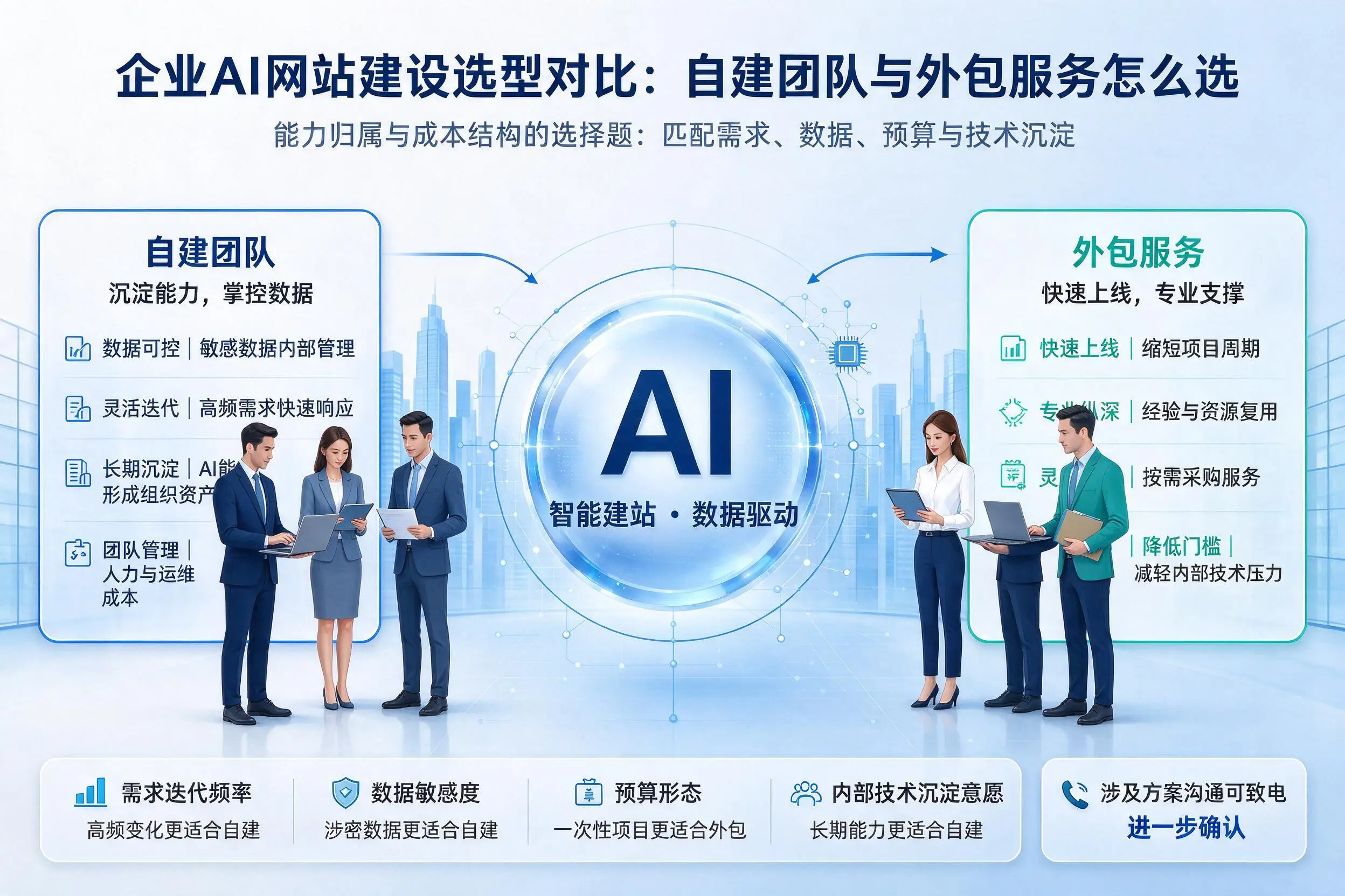 三沙企业AI网站建设选型对比：自建团队与外包服务怎么选